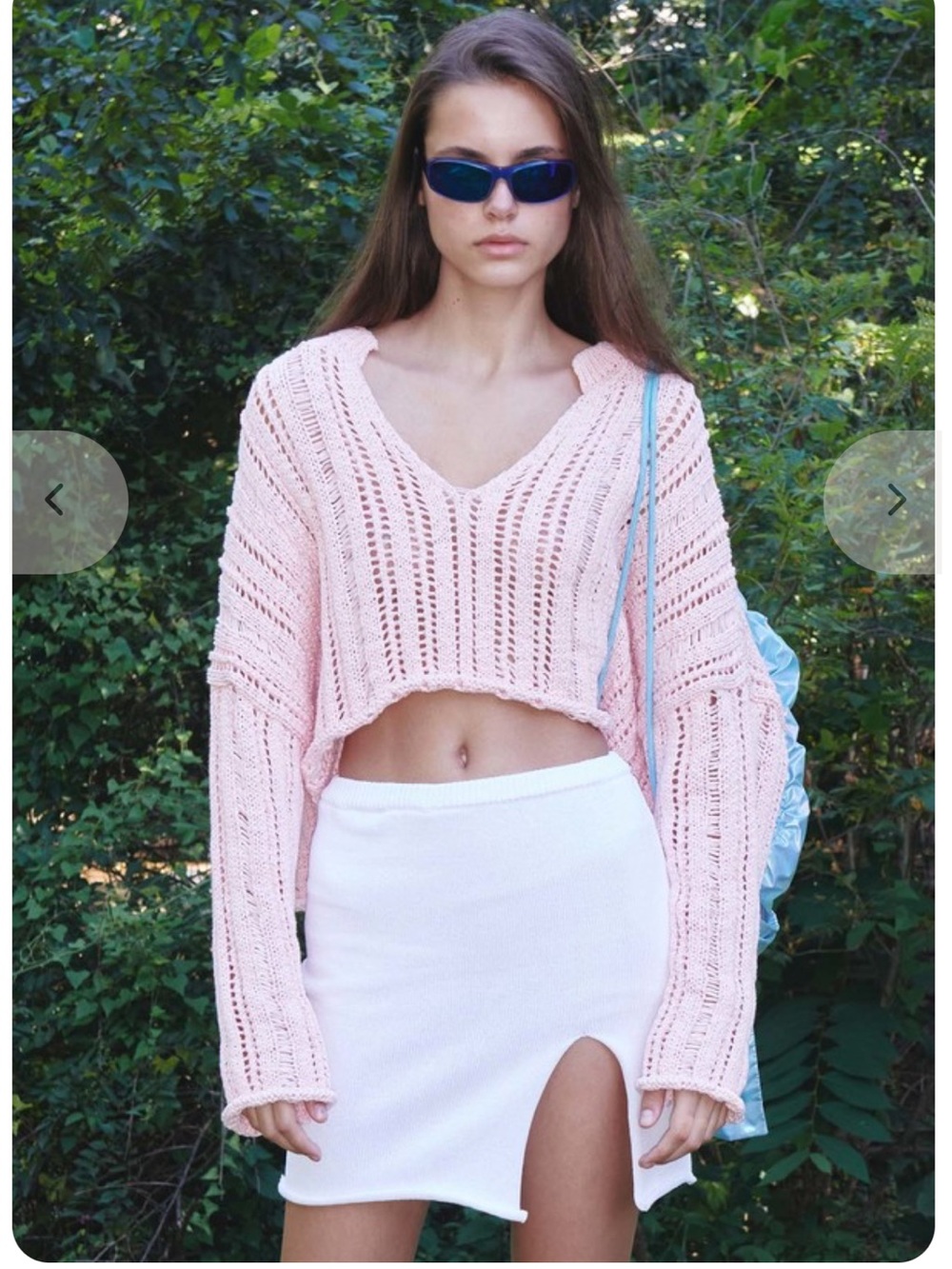 Cropped Pink Open-Knit V-Neck Sweater